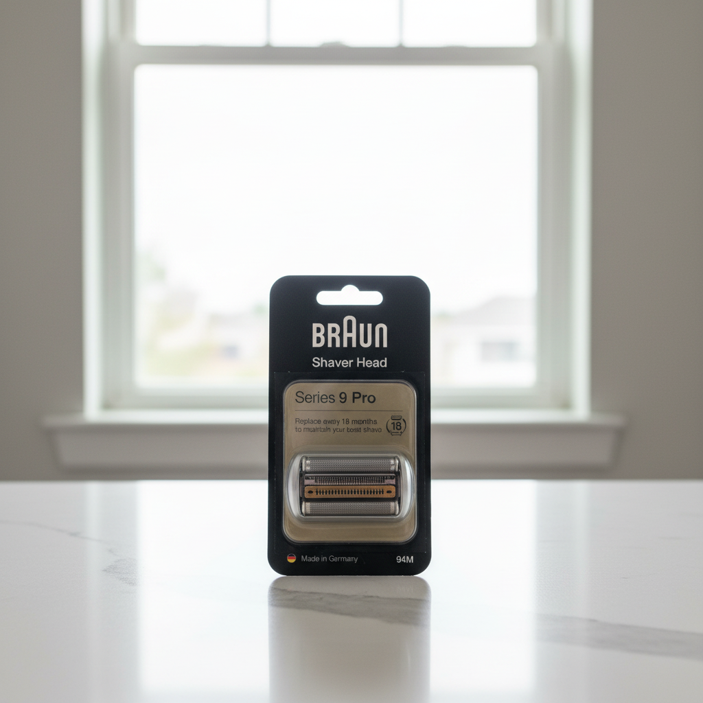 Braun Series 9 Pro 94M shaver head replacement pack in soft natural window light on white quartz countertop – More4less Outlet