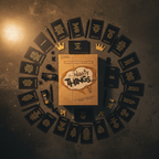 The Game of Nasty Things contents flat lay with cards and pens on dark surface