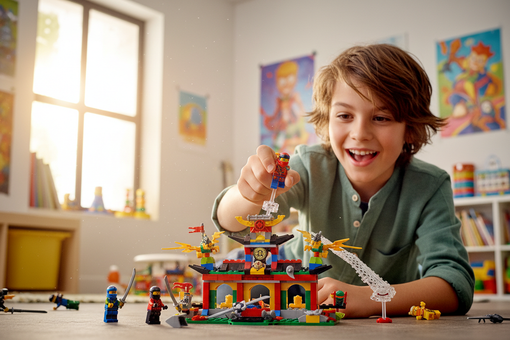 Young boy pressing down on LEGO NINJAGO Kai minifigure performing backflip on Dragon Power Flip set – More4less Outlet