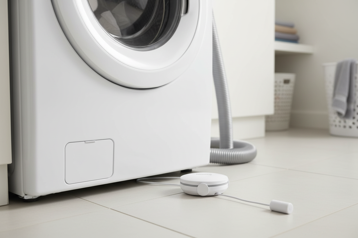 Merkury Innovations Smart Water Leak Sensor behind washing machine in laundry room – Wi-Fi moisture alarm – More4less Outlet