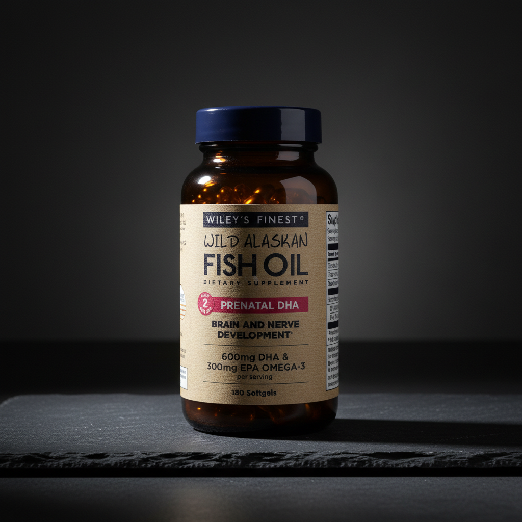 Lifestyle context image of Wiley's Finest Prenatal DHA Fish Oil 180 softgels (AI-generated for visual illustration only) – dark slate studio editorial – More4less Outlet