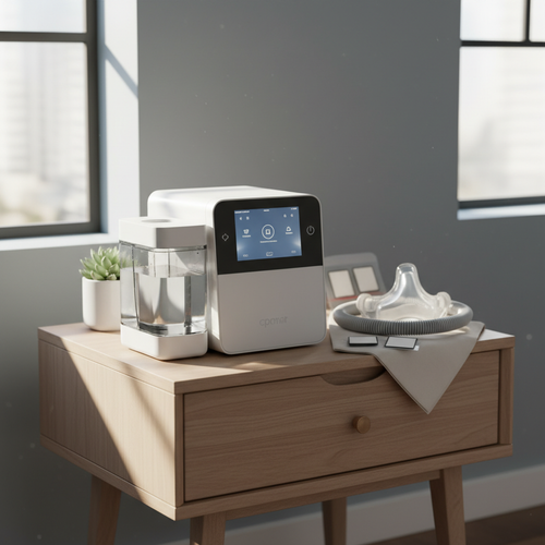 Modern nightstand with CPAP machine, water chamber, and fresh replacement mask parts in morning sunlight