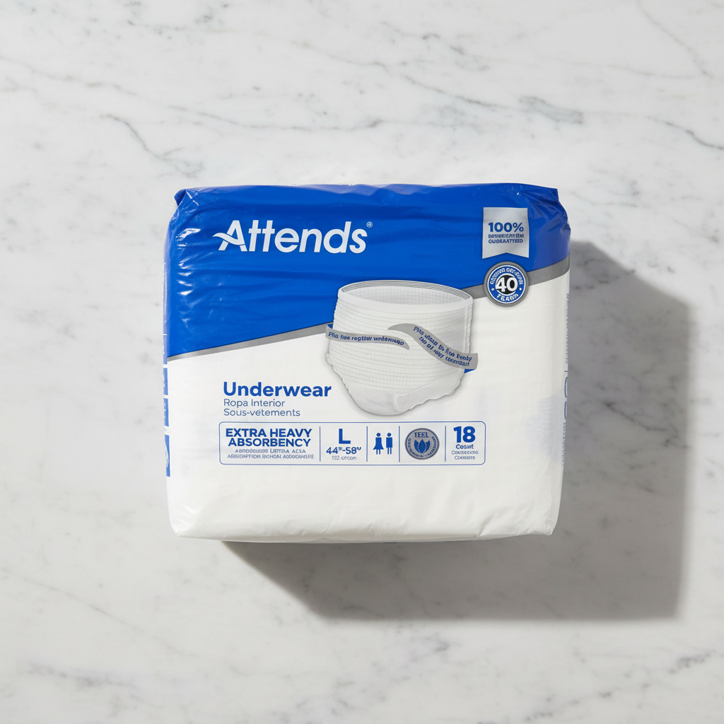 Lifestyle flat lay of sealed blue and white Attends Care Extra Heavy Absorbency Underwear Large 18 Count on white marble