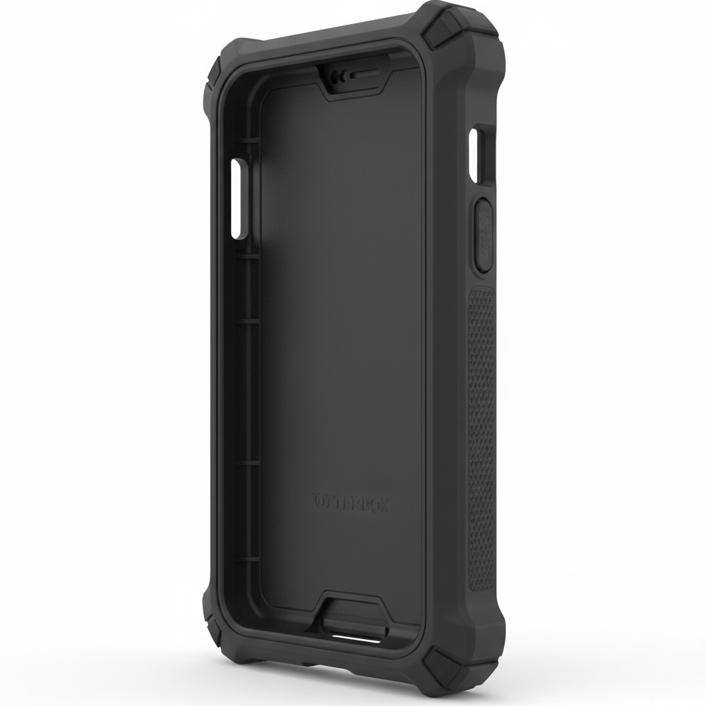 Studio shot of black OtterBox Defender Series rugged phone case showing thick multi-layer profile on white background