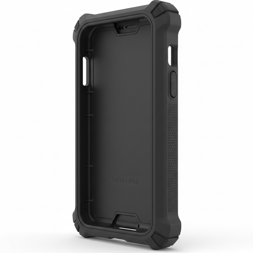 Studio shot of black OtterBox Defender Series rugged phone case showing thick multi-layer profile on white background