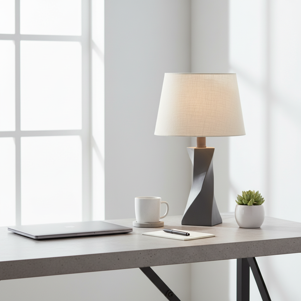 Minimalist concrete desk setup featuring a stone gray geometric twisted lamp base in modern home office