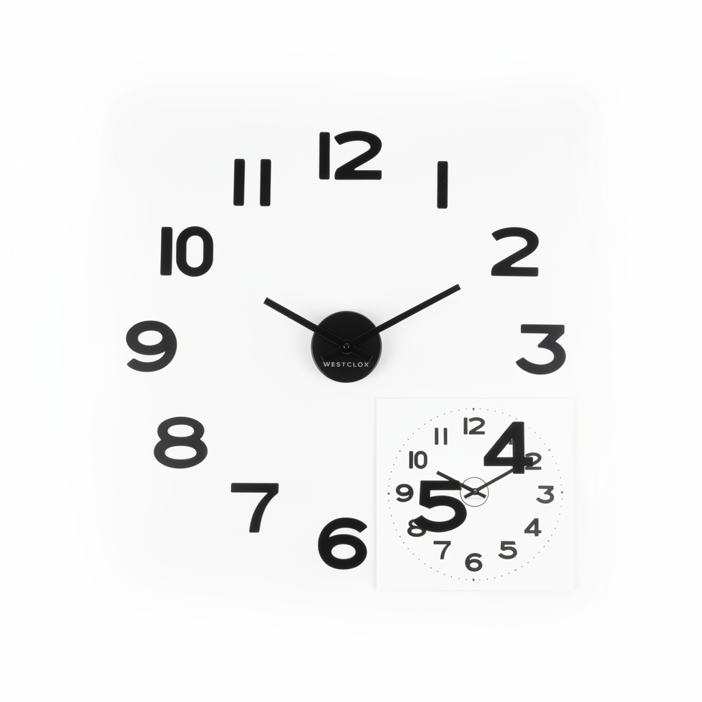 Westclox 20-inch floating wall clock components flat lay showing number decals clock mechanism hands and stencil guide