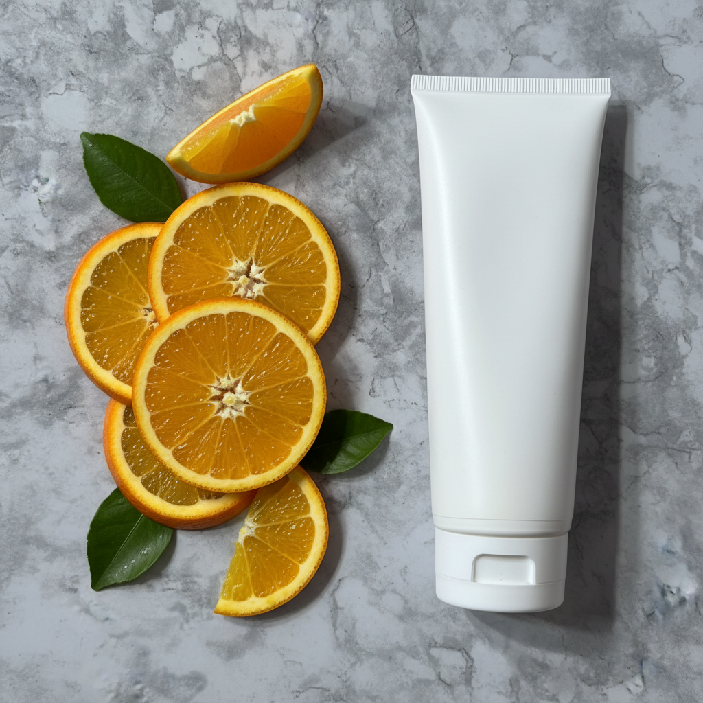 Vibrant fresh orange slices and green leaves beside minimalist white skincare tube on clean marble surface