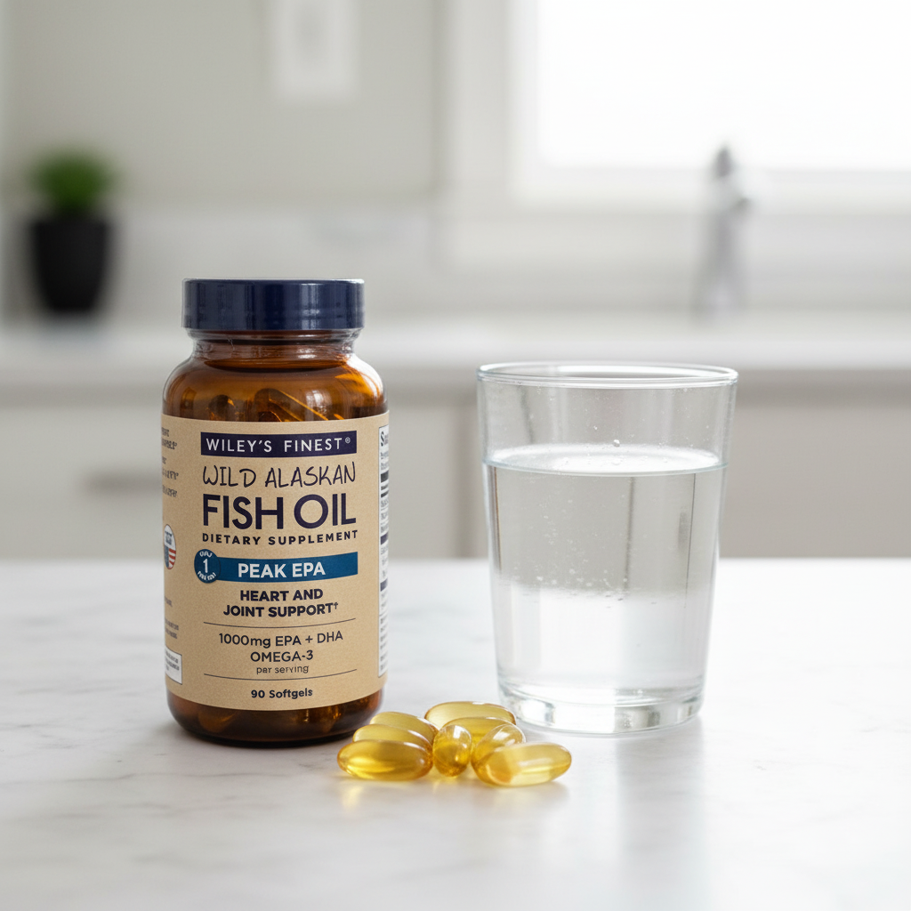 Lifestyle context image of Wiley's Finest Wild Alaskan Fish Oil Peak EPA 90 softgels (AI-generated for visual illustration only) – marble surface with water glass – More4less Outlet