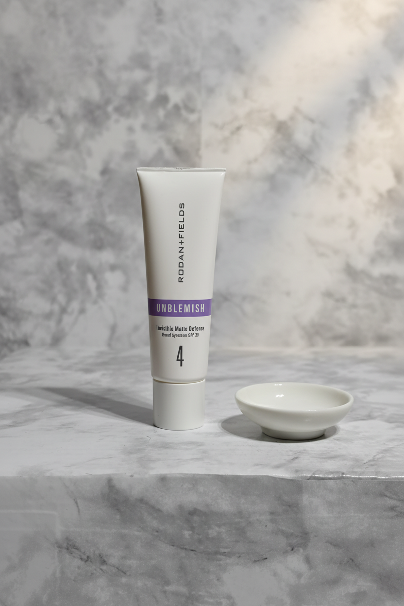 Rodan and Fields UNBLEMISH Invisible Matte Defense SPF 30 tube on a light grey stone surface with soft morning light and white ceramic dish – More4less Outlet