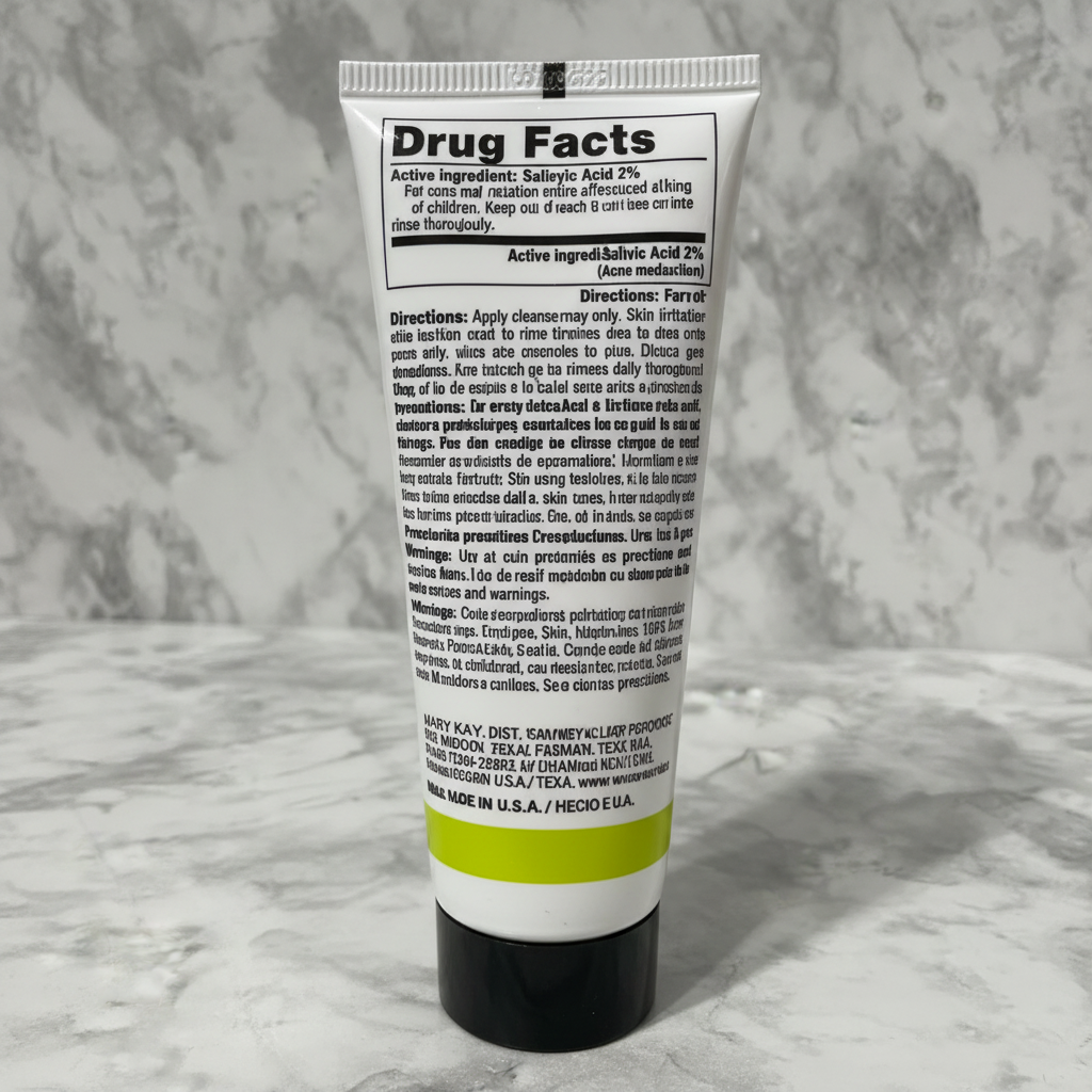 Back panel of Mary Kay Clear Proof Clarifying Cleansing Gel tube showing Drug Facts and directions