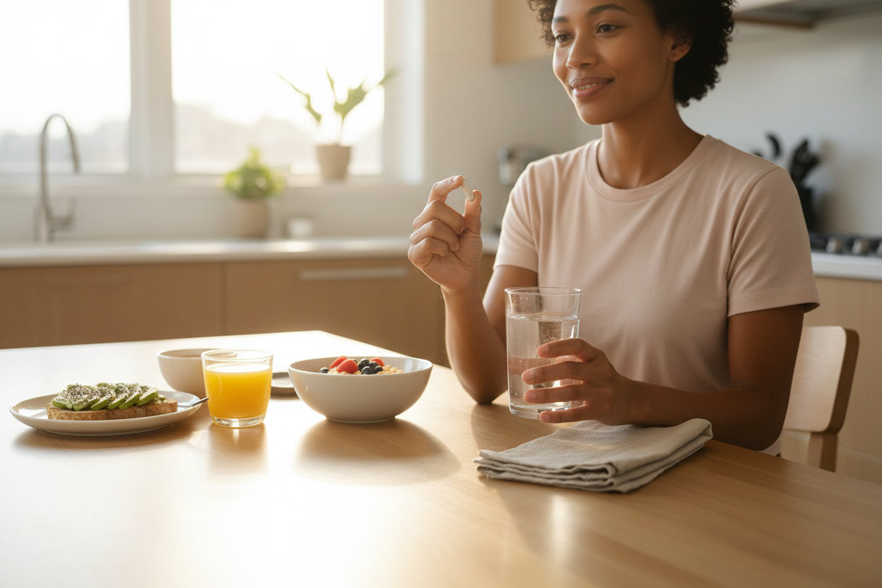 Person taking a Thorne Bio-Gest capsule with water at a bright kitchen table with a healthy breakfast – daily supplement routine lifestyle photo