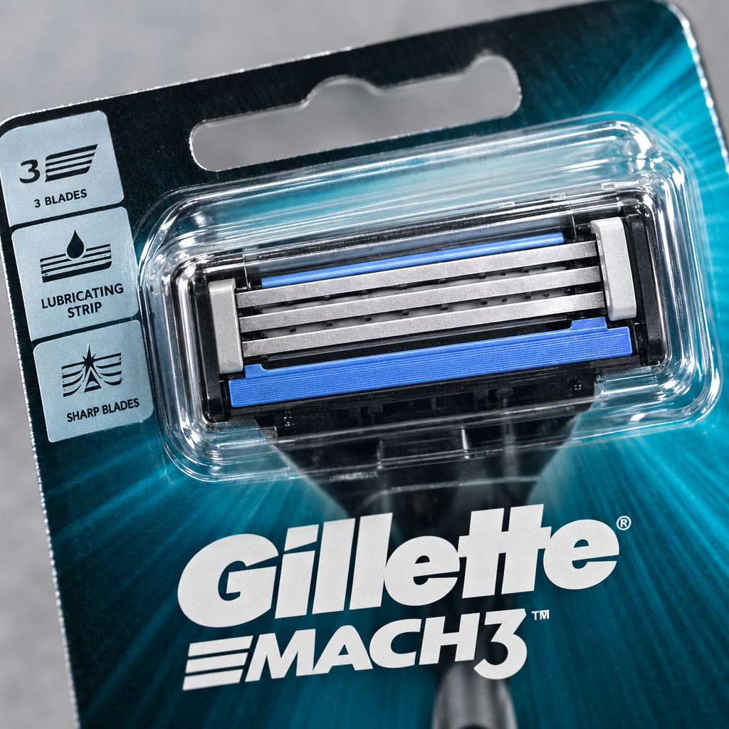 Close up of the three blade Mach3 cartridge visible in its retail blister packaging