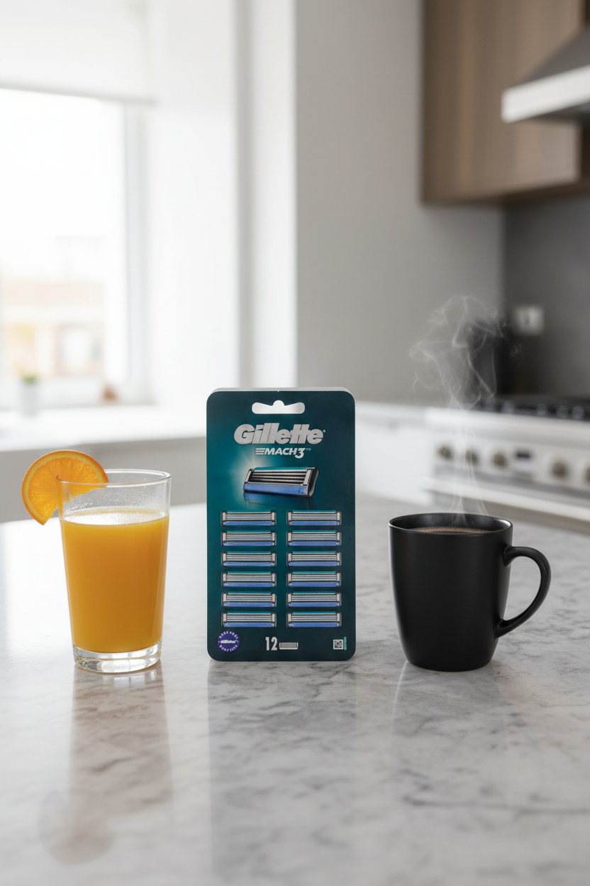 Gillette Mach3 12-count razor refills on stone breakfast bar with orange juice and matte black coffee mug morning routine