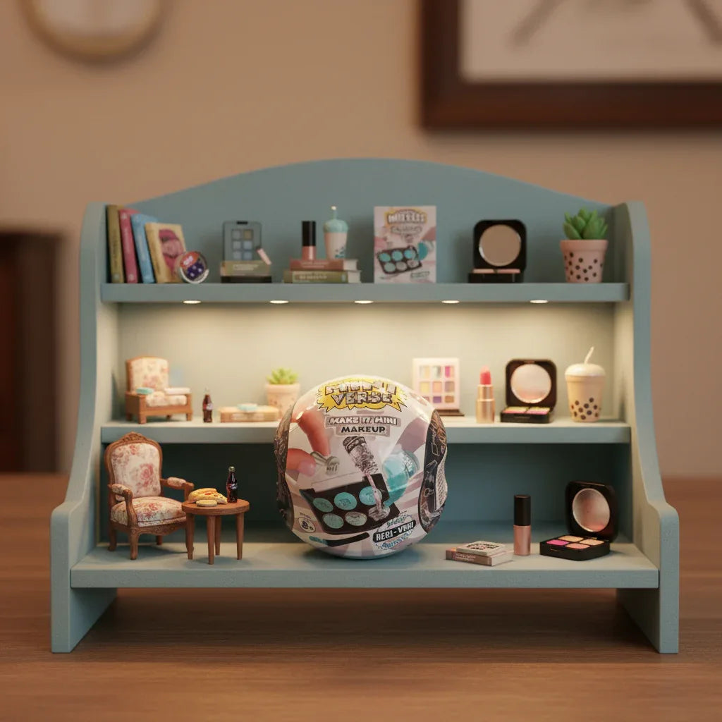 MGA Miniverse Make It Mini Makeup sphere displayed on collector's shelf with other completed miniature collectibles and dollhouse items.