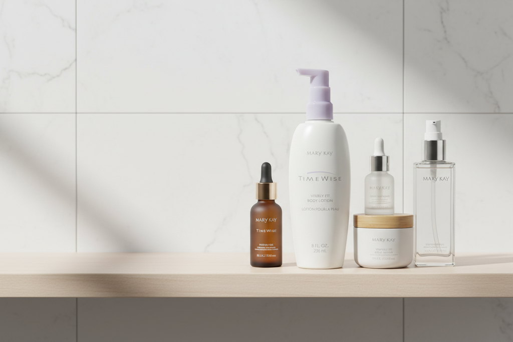 Mary Kay TimeWise Visibly Fit Body Lotion on minimalist bathroom shelf with professional skincare collection