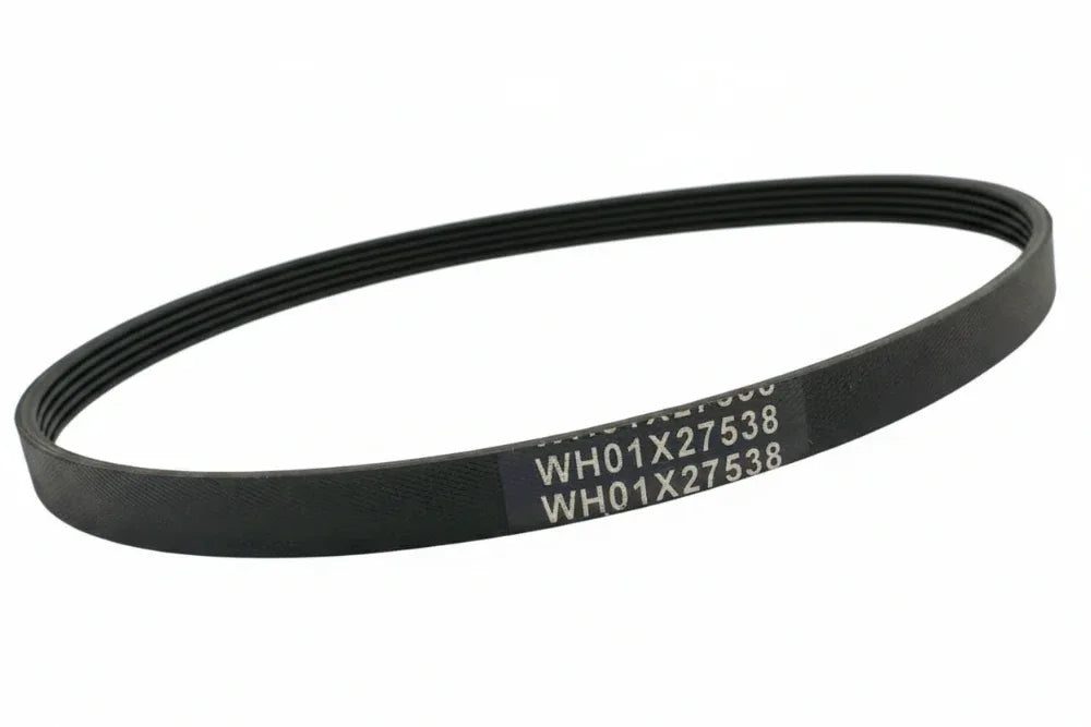 Close-up of industrial-grade rubber pulley drive belt under soft maintenance lighting