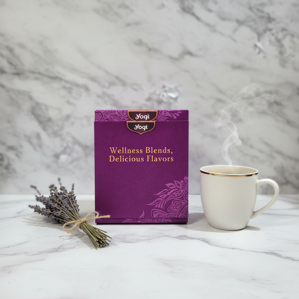 Purple Yogi Wellness Blends tea gift box closed on a white marble surface next to dried lavender and a ceramic mug, elegant gift presentation.