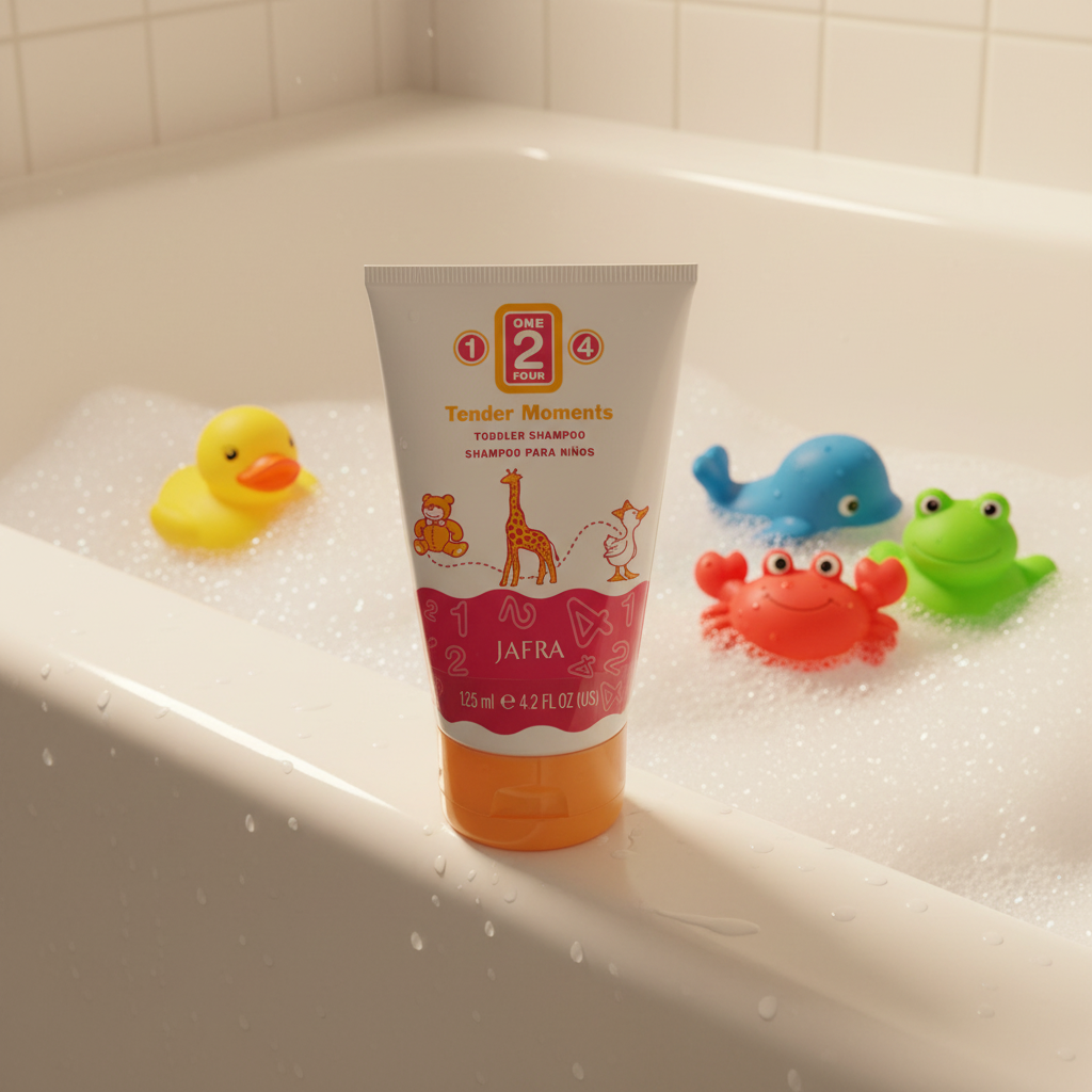 JAFRA Tender Moments Toddler Shampoo on bathtub edge with colorful rubber bath toys – More4less Outlet