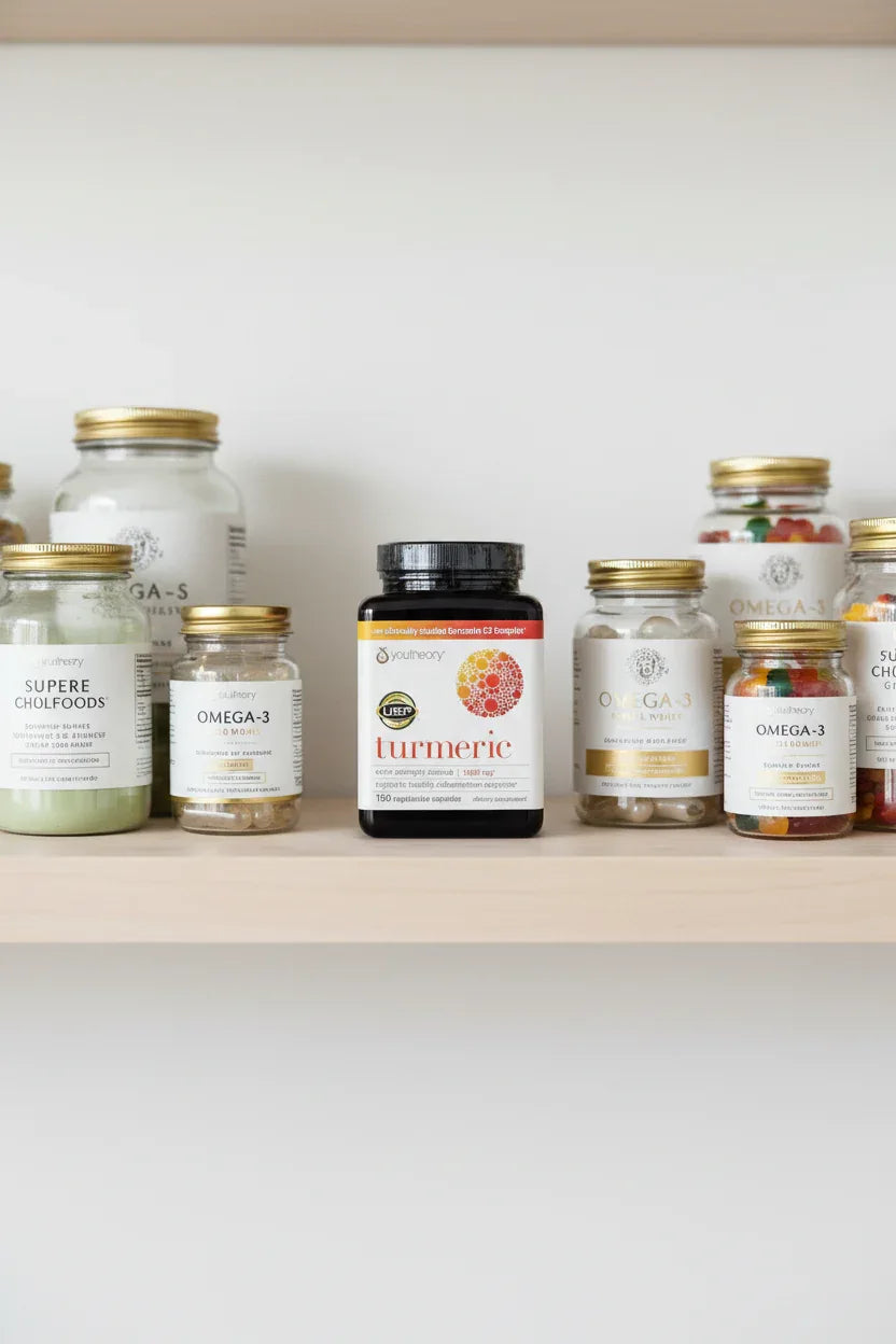 Youtheory Turmeric Extra Strength in organized home wellness pantry shelf with glass supplement containers