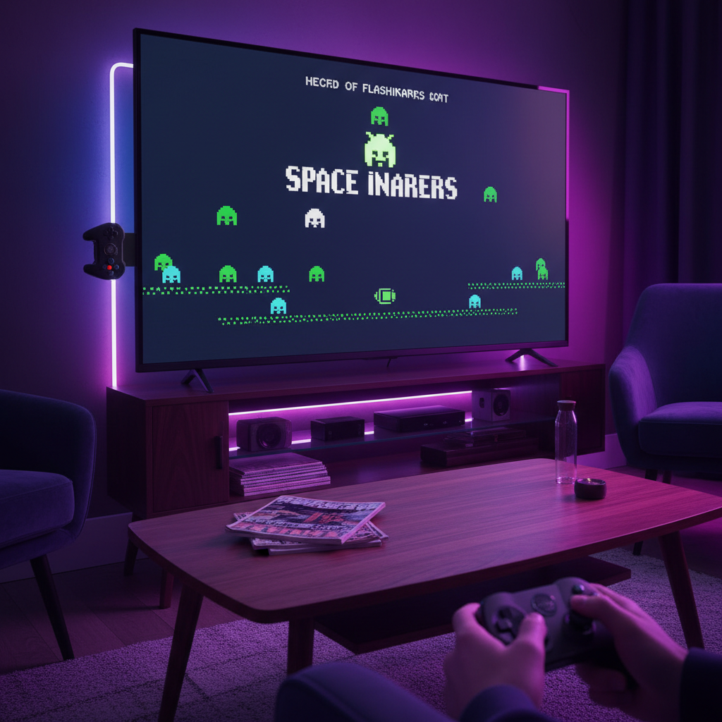 AtGames Legends Flashback Blast HDMI dongle plugged into flat screen TV showing Space Invaders in a dark living room — More4less Outlet lifestyle image