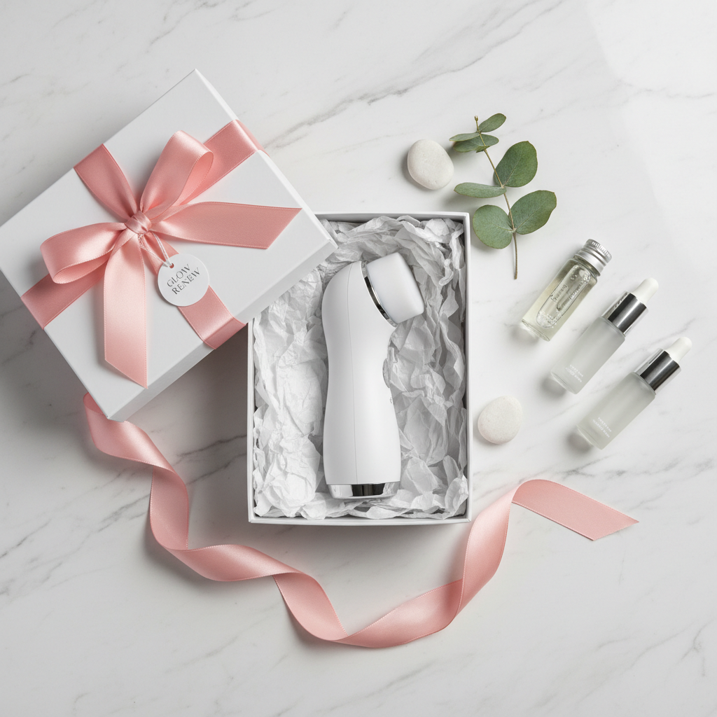 Lifestyle — white electric facial brush in gift box with white tissue paper, pink ribbon bow, and small skincare bottles on marble — gifting flatlay editorial for visual context only
