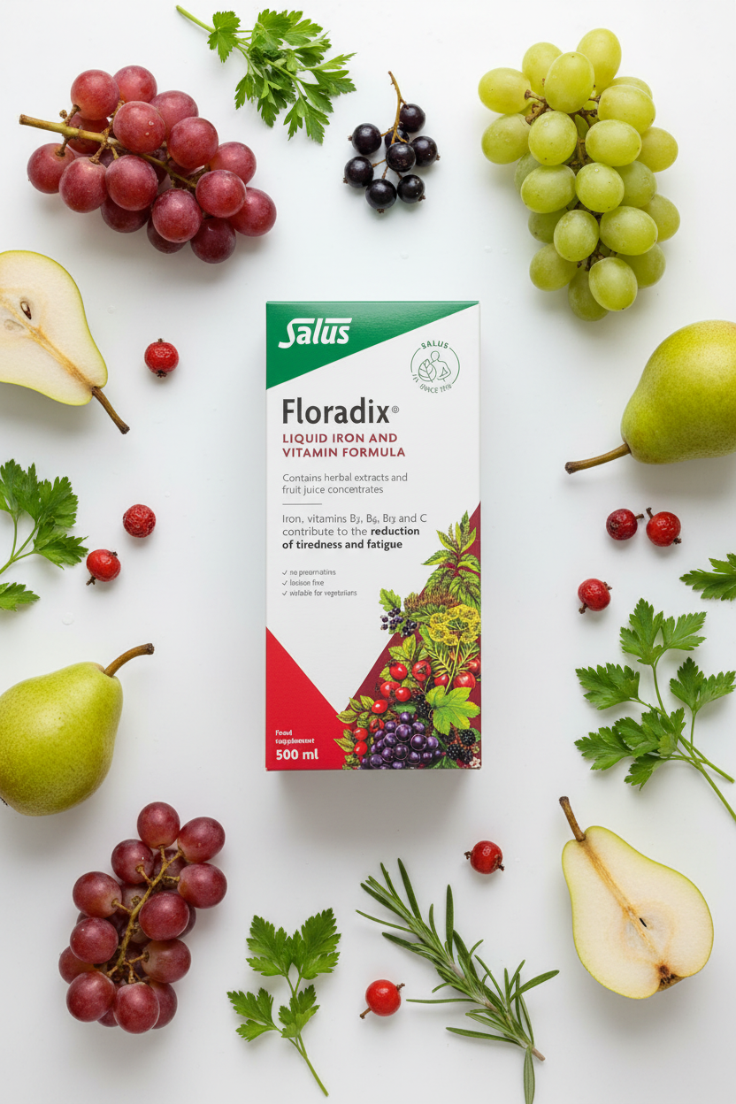 Salus Floradix Iron and Herbs Liquid Formula 500ml box flat lay with fresh grapes, pears, black currants, rose hips, and green herbs on a white surface – More4less Outlet
