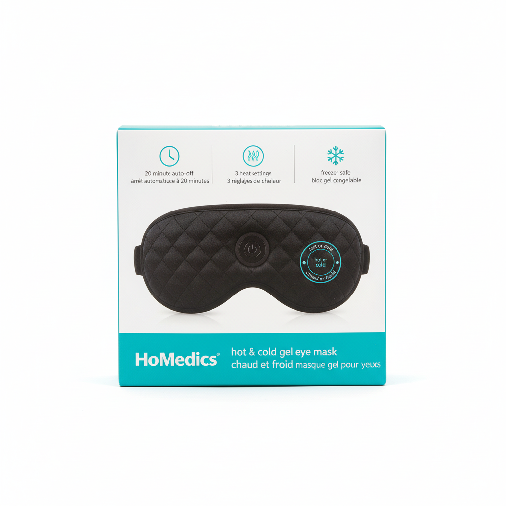 HoMedics Hot and Cold Gel Eye Mask retail box upright on a white studio background