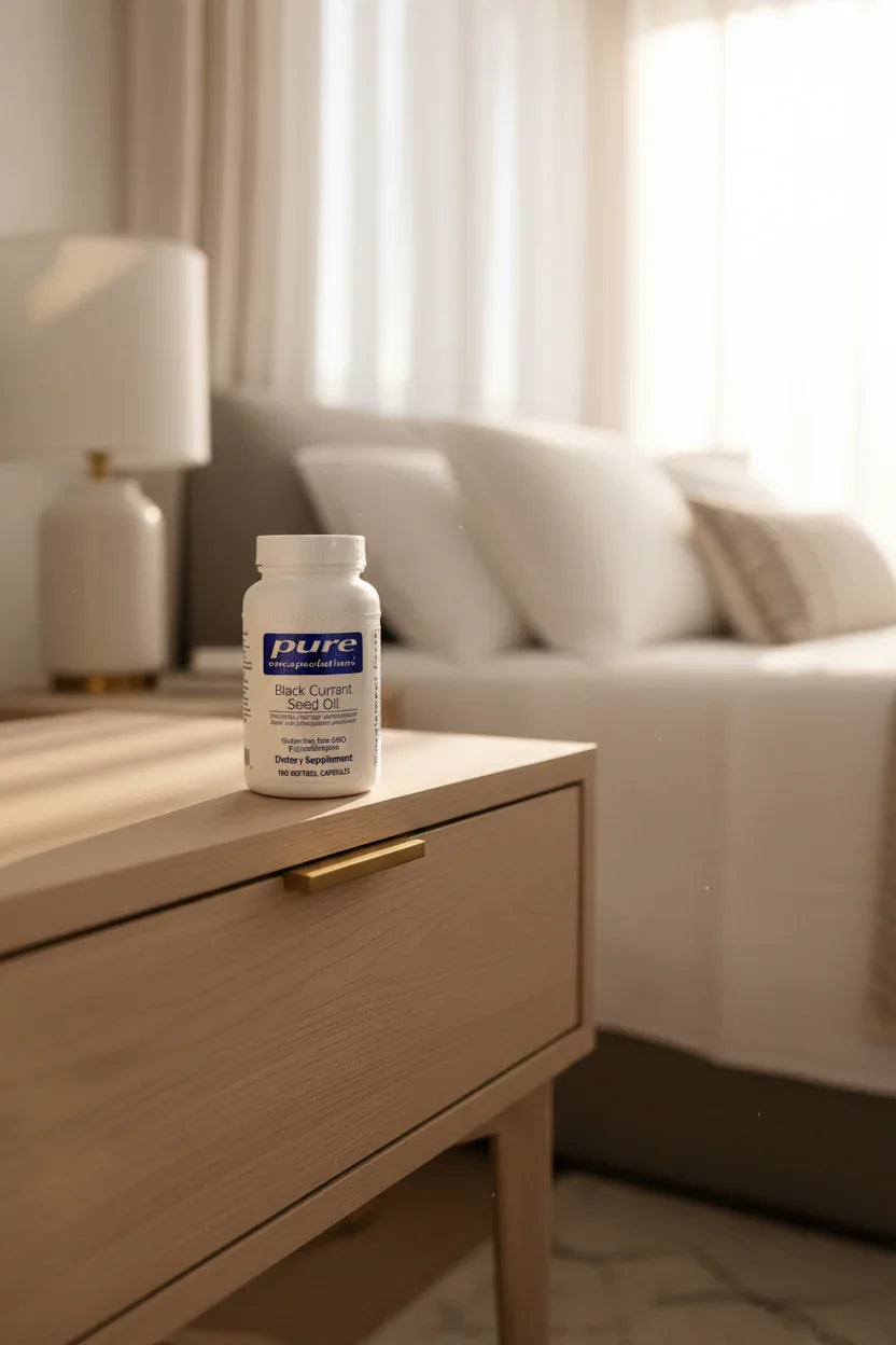 Pure Encapsulations Black Currant Seed Oil on designer nightstand with soft morning light through linen curtains
