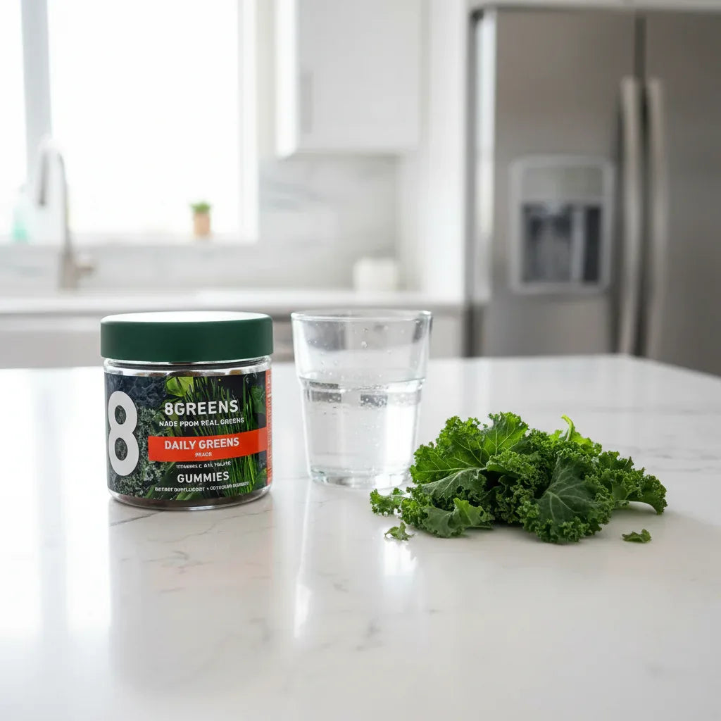 8Greens Daily Greens Peach Gummies jar on white quartz breakfast island with glass of water and fresh kale leaves