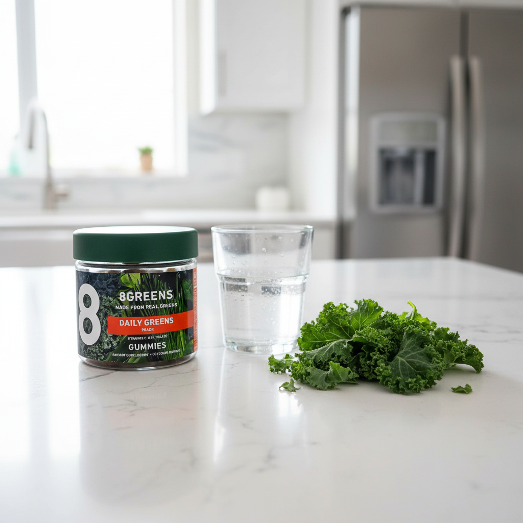 8Greens Daily Greens Peach Gummies jar on white quartz breakfast island with glass of water and fresh kale leaves