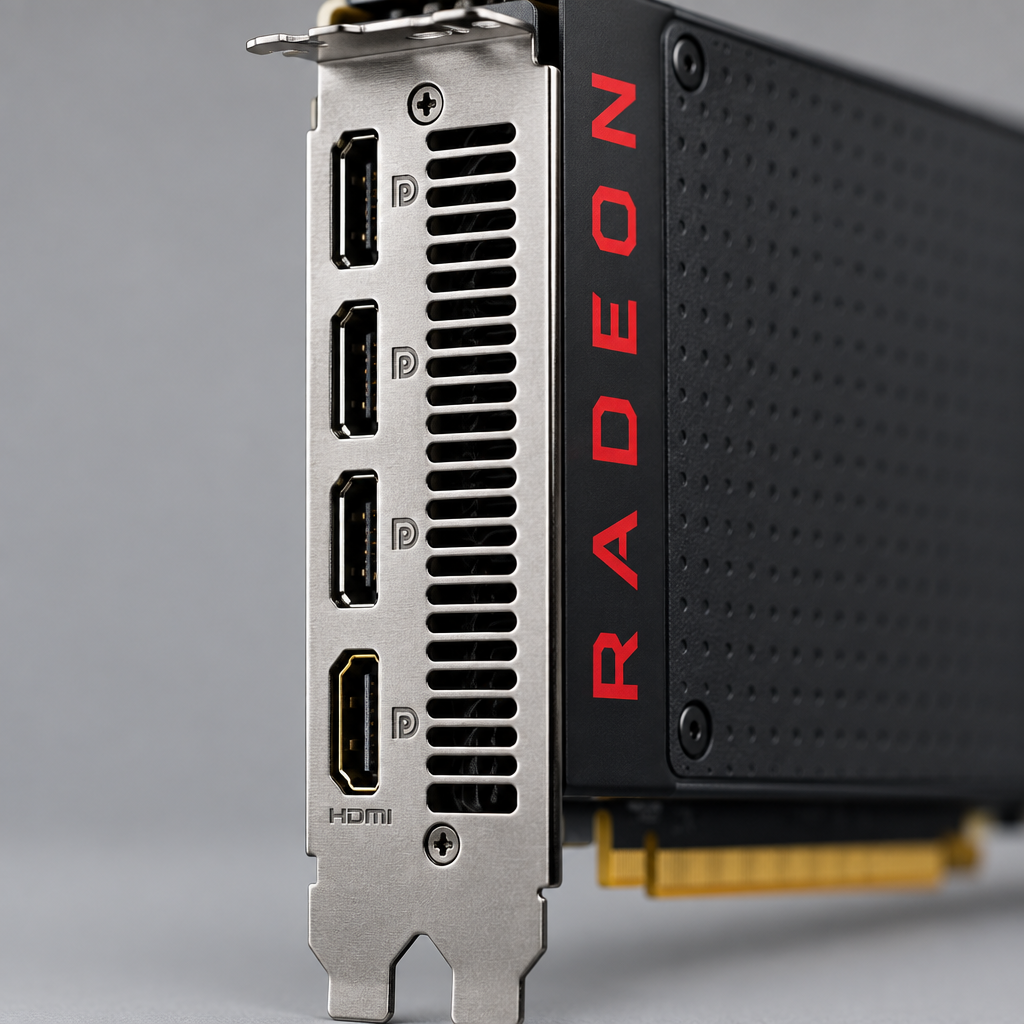 AI-styled close up of the AMD Radeon RX 480 DisplayPort and HDMI output bracket