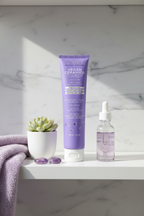Pacifica Vegan Ceramide Face Wash on white bathroom shelf with succulent and glass dropper bottle