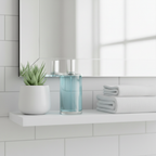 Lifestyle image — clear EDT spray bottle on white bathroom shelf beside succulent and folded towels, minimalist lifestyle photography for visual context only