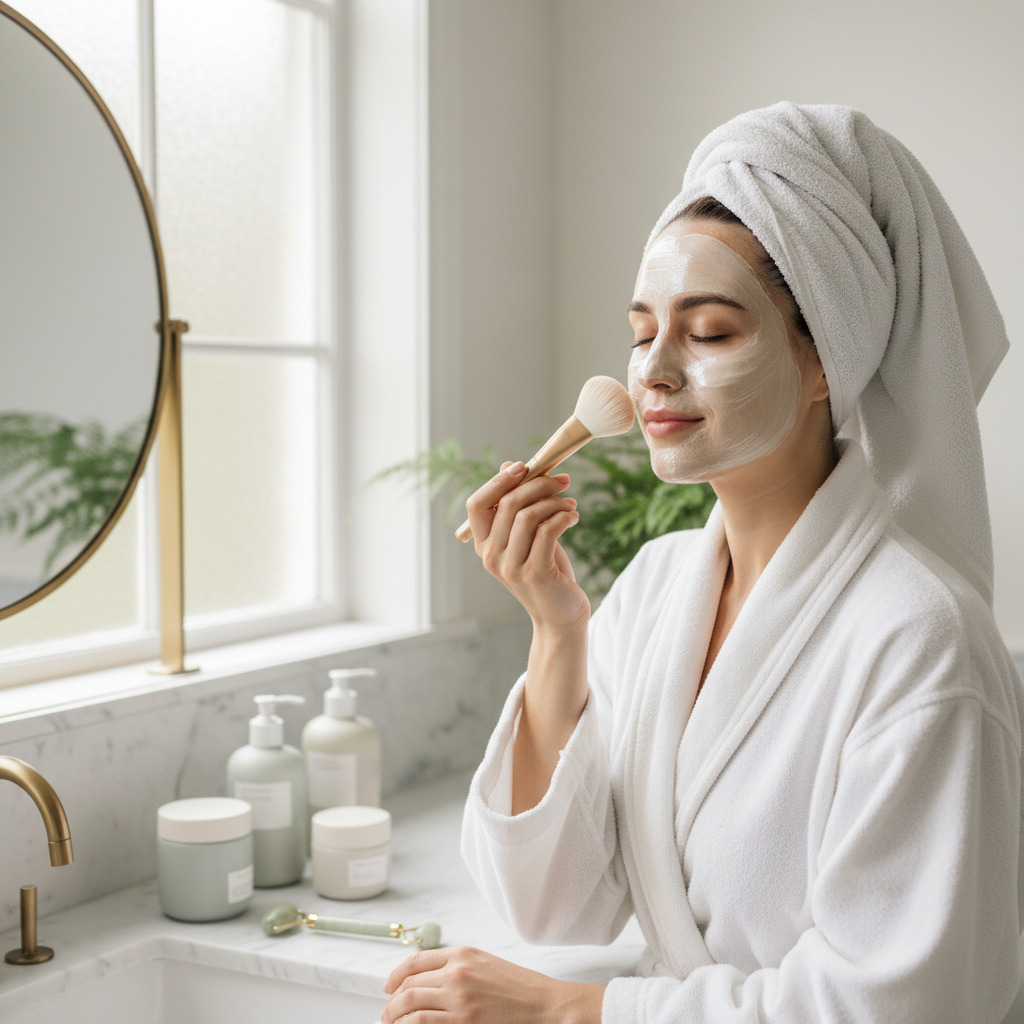 Woman applying a luxurious rejuvenating face mask in a bright bathroom