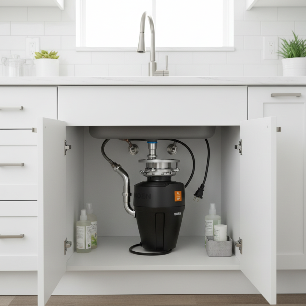 Moen Host EX75c garbage disposal installed under modern white kitchen sink cabinet – More4less Outlet