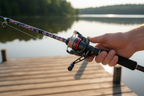 Close-up of Profishiency spincast reel with red accents on telescopic travel fishing rod — 4.1:1 gear ratio, 8lb line pre-spooled