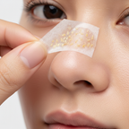 Pore strip being peeled off nose revealing clean pores close-up