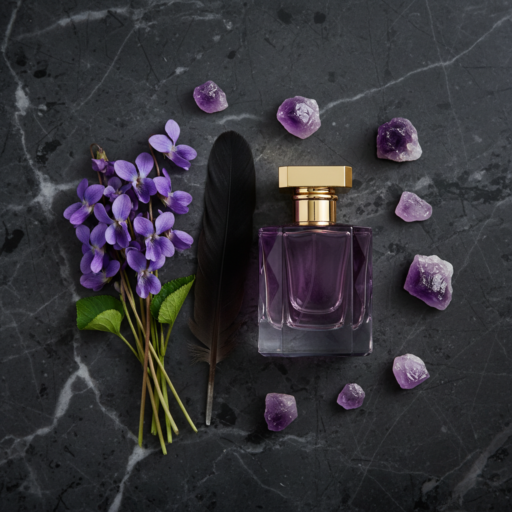 Lifestyle — deep purple perfume bottle on dark marble beside wild violet flowers, black feather, and scattered amethyst crystals — bold editorial for visual context only