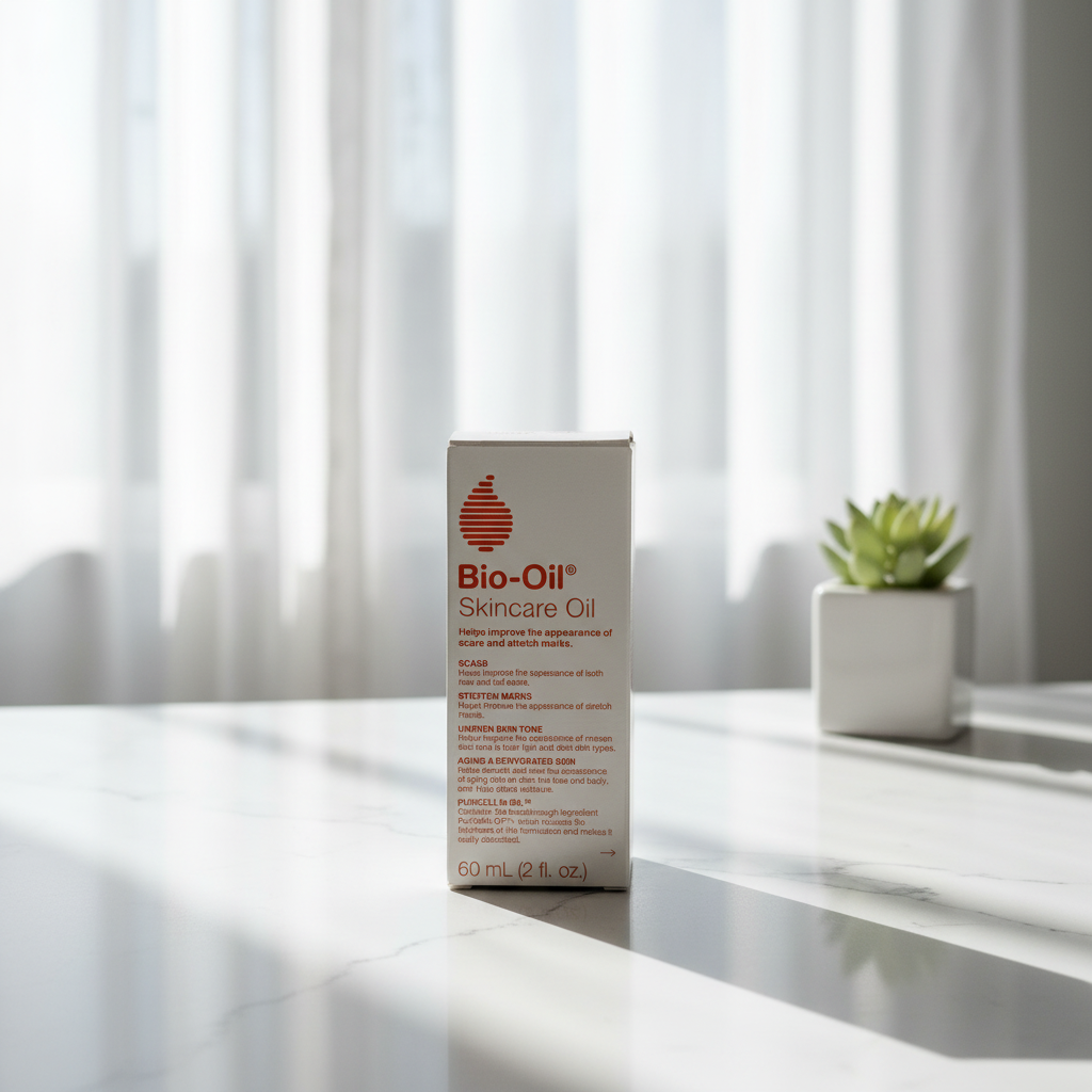 Bio-Oil Skincare Oil box in soft natural window light on white quartz bathroom countertop – More4less Outlet
