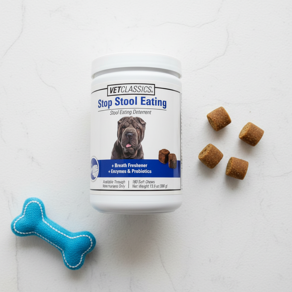VetClassics Stop Stool Eating supplement tub flat lay with soft chew treats and dog toy on white surface