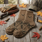 Carolina Ultimate Realtree merino wool blend crew socks earth brown laid flat on rustic wood surface with autumn leaves and hunting gear outdoor lifestyle