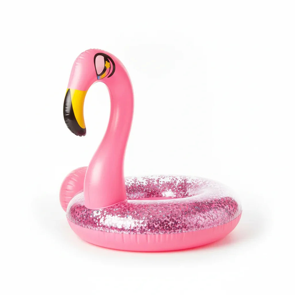 PoolCandy Glitter Flamingo pool tube fully inflated clean white studio background