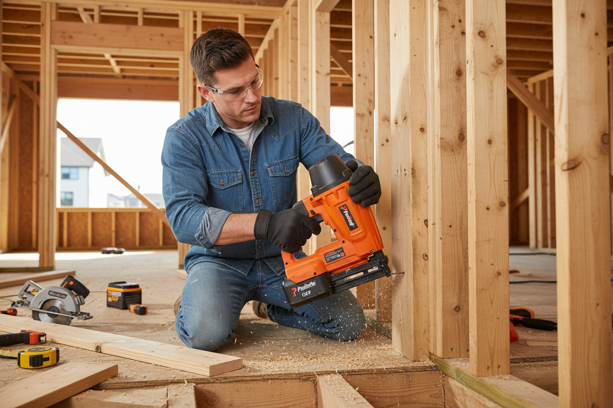 Paslode 7.2V Li-ion battery installed in cordless framing nailer on construction job site - More4less Outlet
