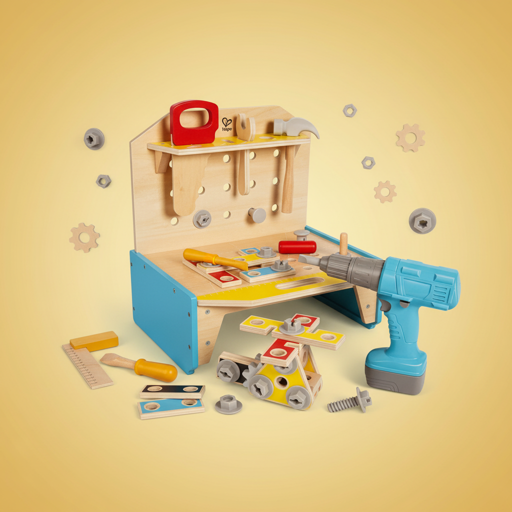 Hape Little Engineer's Workbench wooden toy set warm yellow editorial with gear and tool accents – More4less Outlet