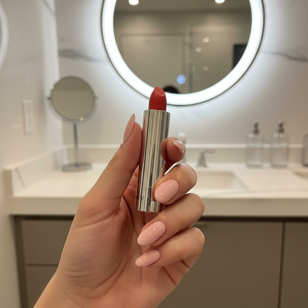 Hand holding Mary Kay True Dimensions lipstick close-up