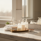 Morning skincare routine tray with razor and grooming essentials