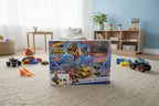 Kid play area with Hot Wheels Monster Trucks Arena Smashers playset on neutral rug