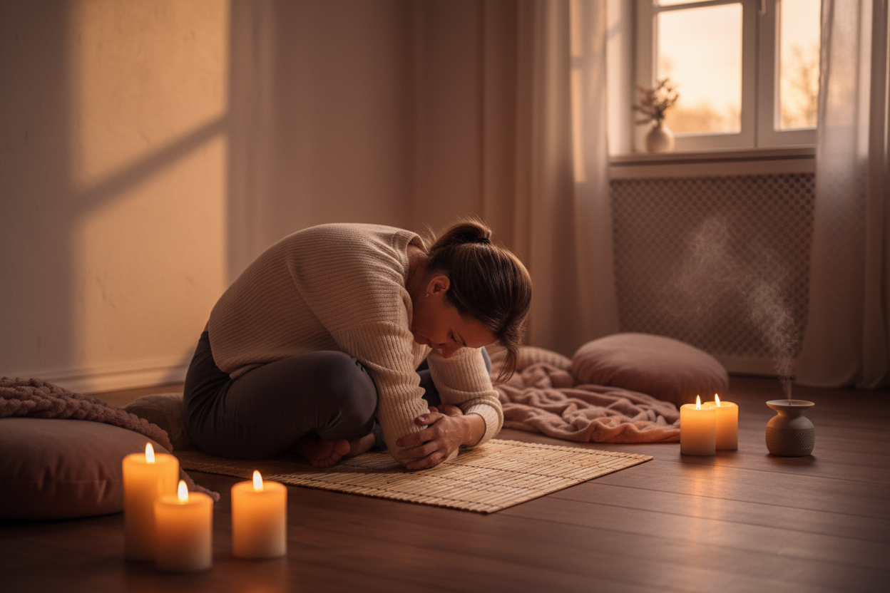 Woman doing gentle evening yoga stretch in peaceful bedroom - relaxation and nervous system wellness