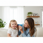 Parent gently using Kinsa blue Smart Ear Thermometer on young smiling child's ear in bright clean home setting – More4less Outlet